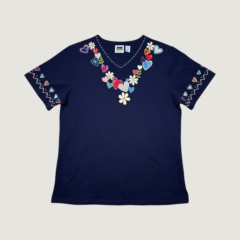 Vtg Grandma Core V-Neck Short Sleeve T-Shirt Women's 2X Hearts Floral Embroidery